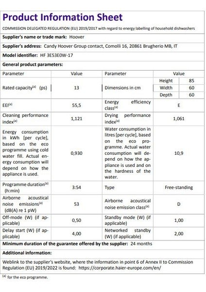 Hoover HF 3E53E0W-17 5 Programlı Bulaşık Makinesi