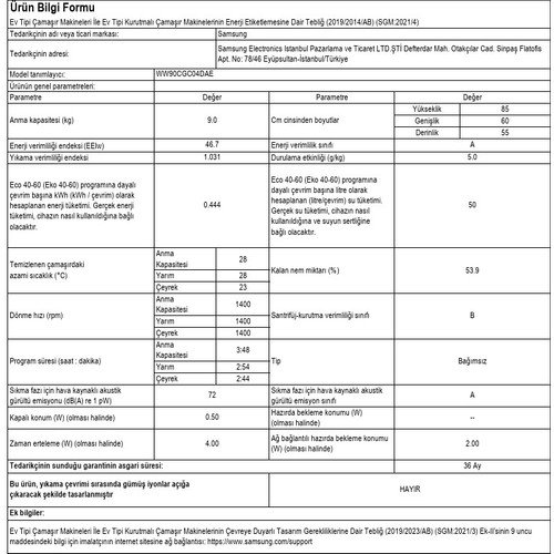 Samsung WW90CGC04DAEAH 9 Kg 1400 devir Çamaşır Makinesi, Dahili Wi-Fi, Eco Bubble Yıkama Teknolojisi