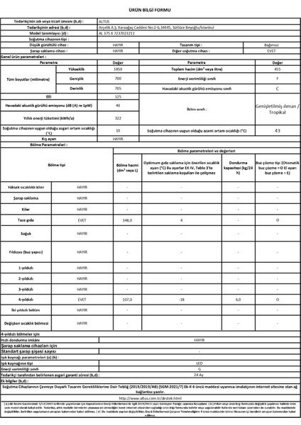 Altus Al 375 Xe E Enerji Sınıfı 477 lt No Frost Buzdolabı
