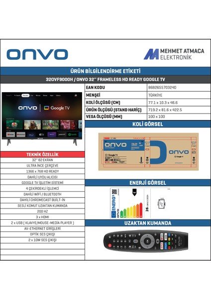 Onvo 32OVF9000H 32’’ 82 Ekran Uydu Alıcılı HD Ready Google LED TV