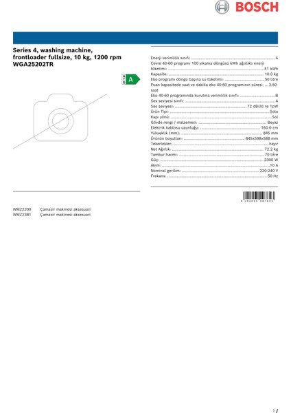 Bosch WGA25202TR 1200 Devir 10 kg Çamaşır Makinesi