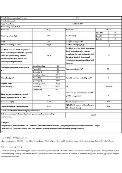 SEG Scm 12M12 Inv SEG 12 Kg 1200 Devir Inverter Buharlı Yıkama Özellikli Çamaşır Makinesi