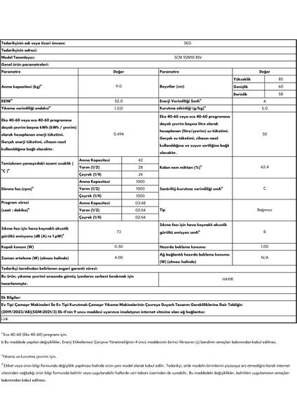 SEG Scm 92M10 Inv Çamaşır Makinesi